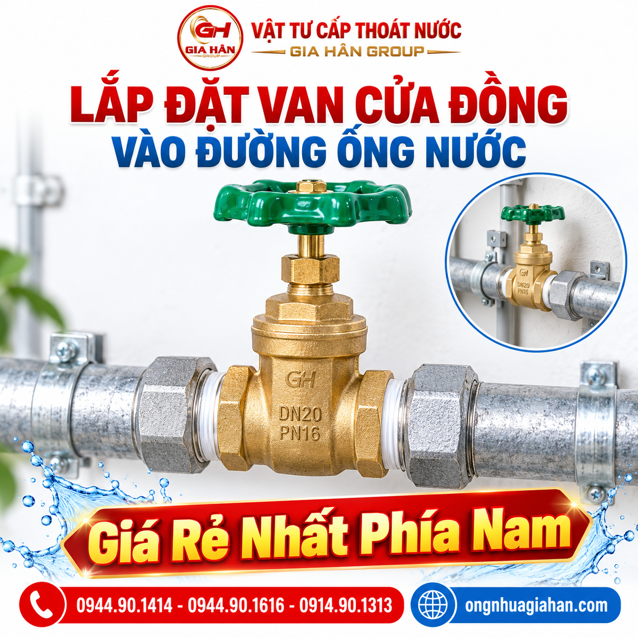 Kỹ thuật viên thi công lắp đặt van cổng đồng nối ren cho hệ thống cấp nước sinh hoạt
