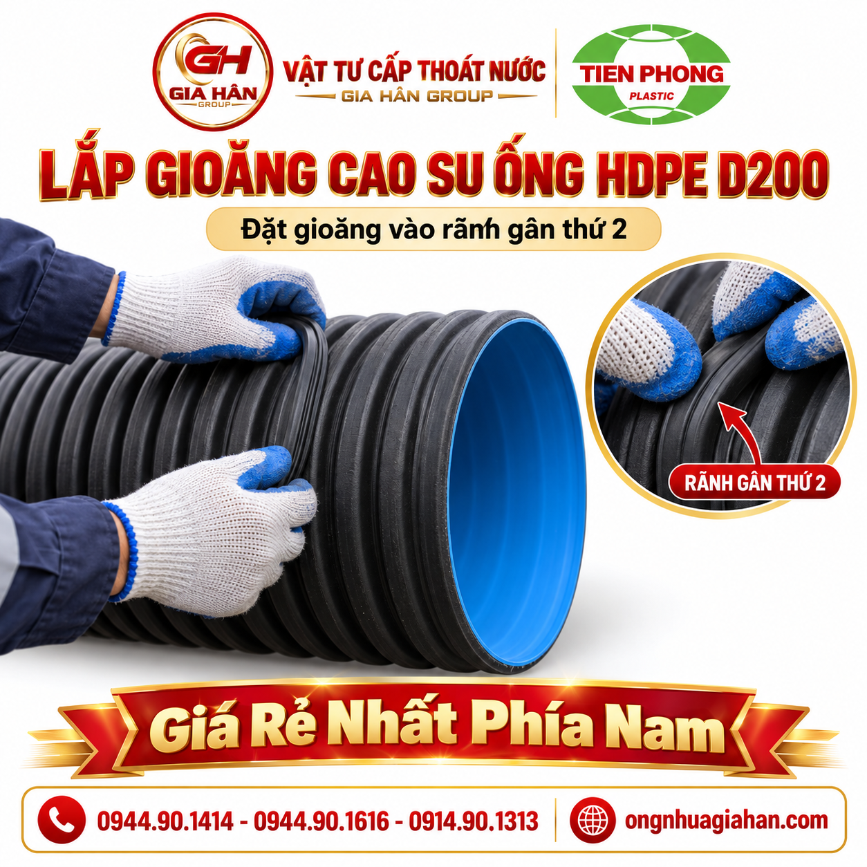 Lắp gioăng cao su Unicor vào khe gân ống gân sóng HDPE D200
