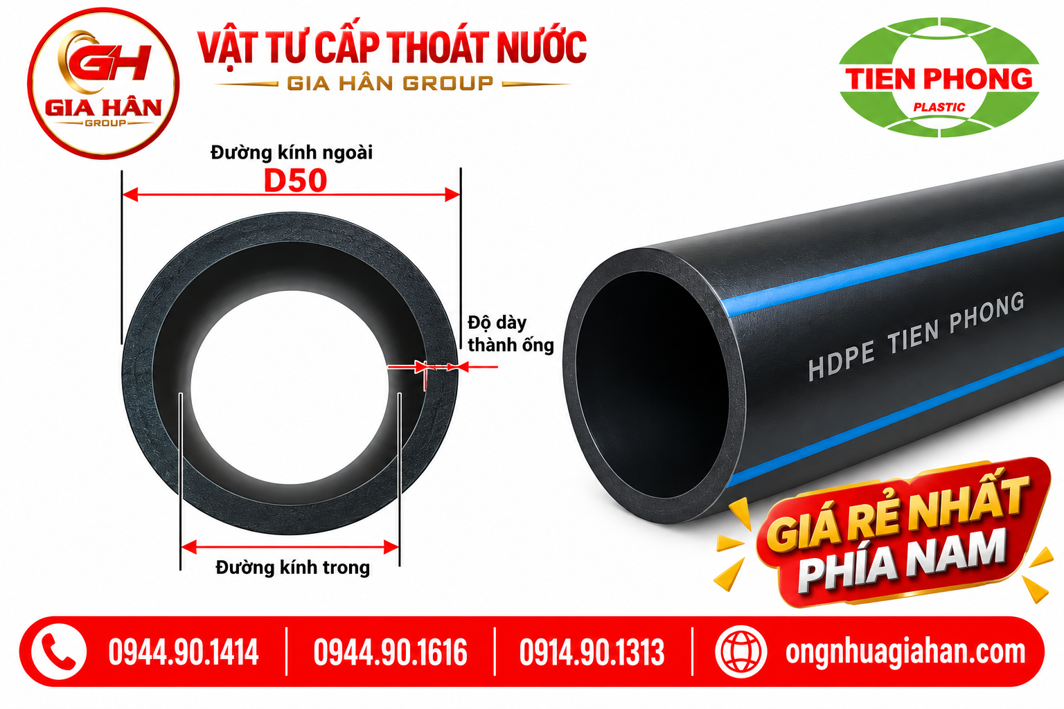Sơ đồ đường kính ngoài và độ dày thành ống HDPE D50