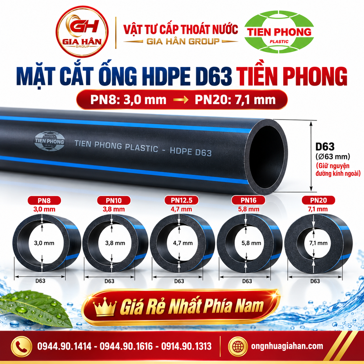Mặt cắt thể hiện sự thay đổi độ dày thành ống D63 Tiền Phong từ PN8 (3,0 mm) đến PN20 (7,1 mm).