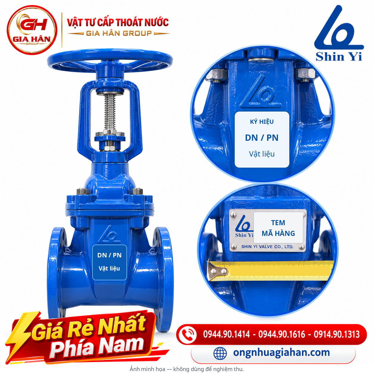 Chữ đúc nổi thông số DN, PN và tem mã sản phẩm trên thân van cổng ty nổi Shinyi