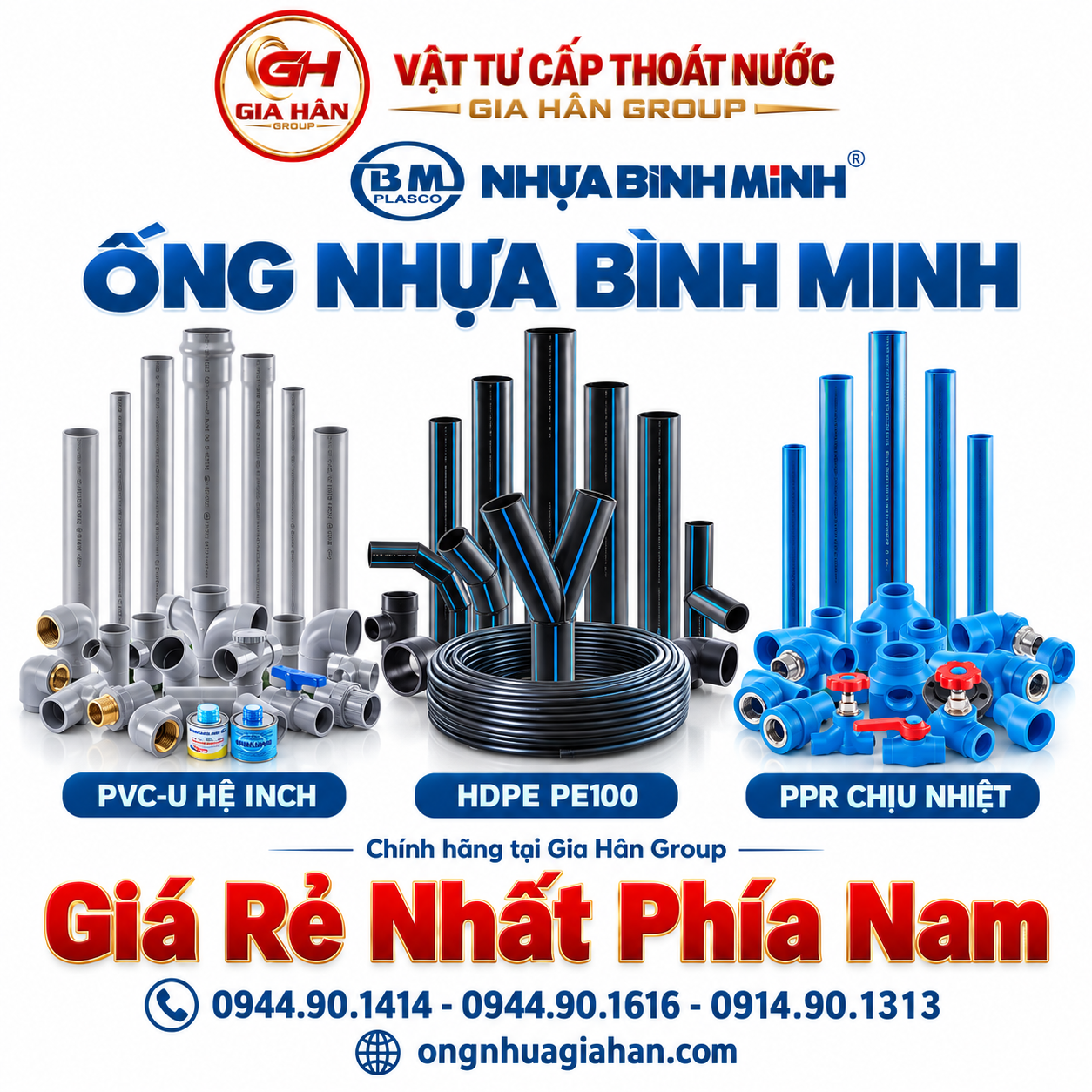 Các dòng ống nhựa Bình Minh gồm PVC-U hệ inch, HDPE PE100 và PPR chịu nhiệt chính hãng tại kho Gia Hân Group