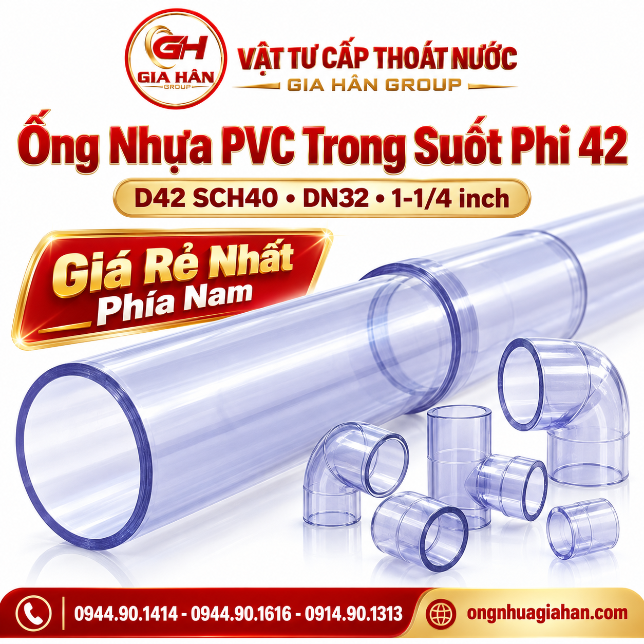 Cây ống nhựa PVC D42 trong suốt SCH40 đường kính ngoài 42mm quan sát dòng chảy