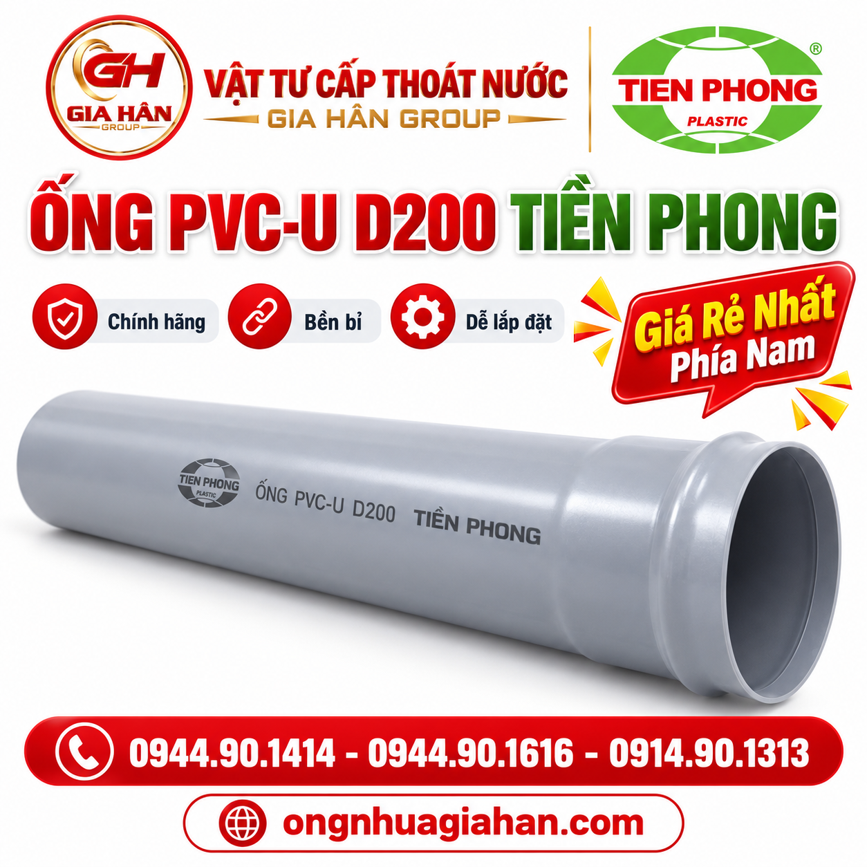 Ống nhựa PVC-U D200 Tiền Phong màu xám tiêu chuẩn ISO 1452