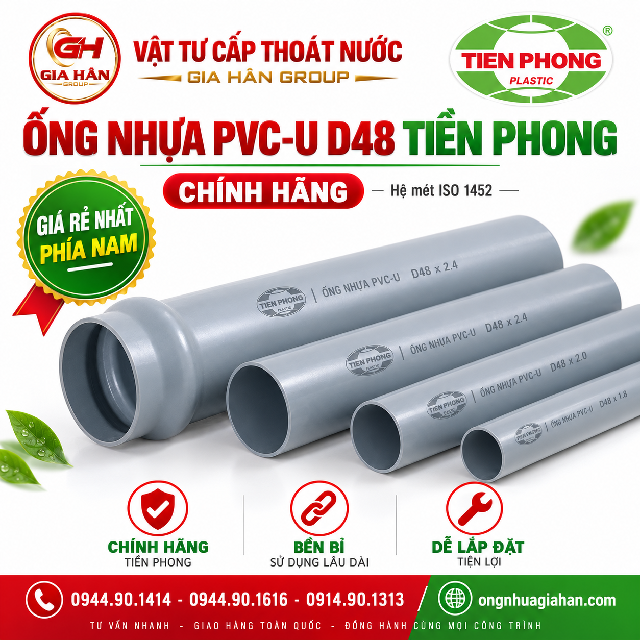 Cây ống nhựa PVC-U D48 Tiền Phong chuẩn hệ mét ISO 1452 in rõ thông số kỹ thuật và logo nhà máy