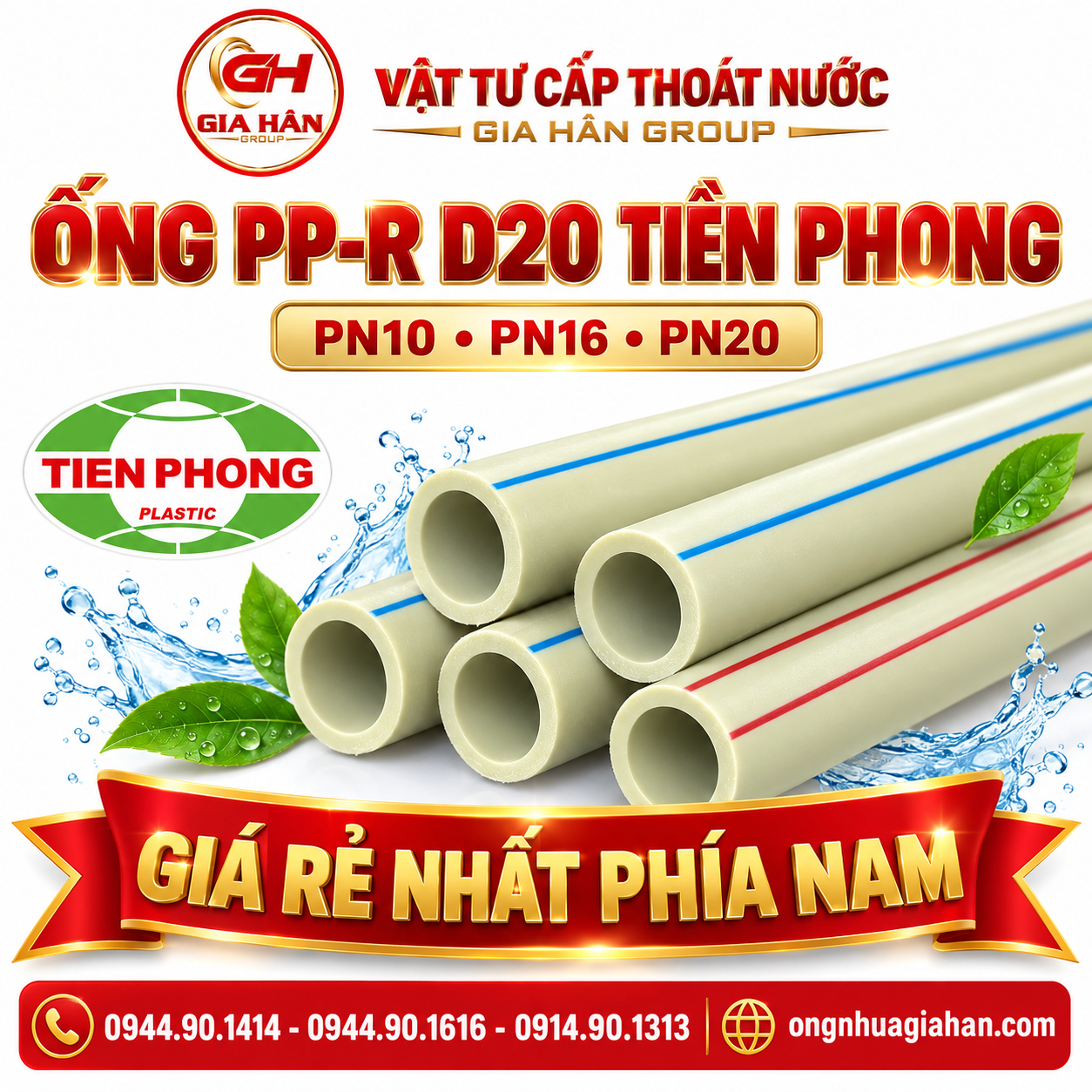 Ống nhựa PP-R D20 Tiền Phong dẫn nước nóng lạnh các cấp áp suất PN10 PN16 PN20