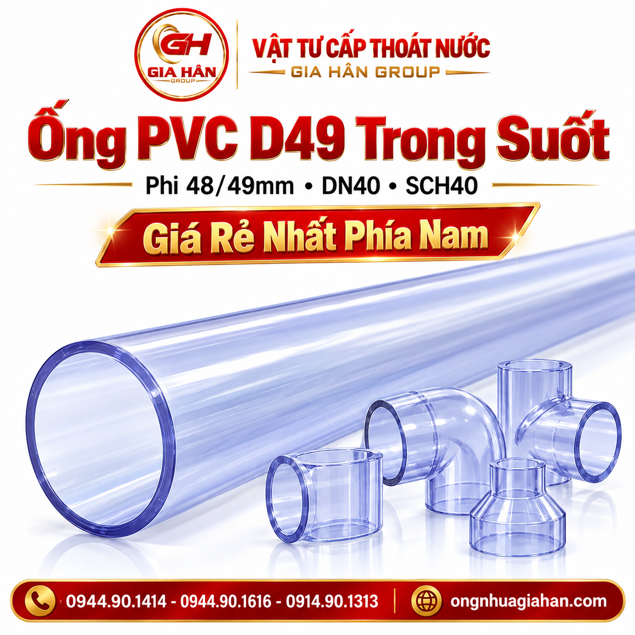 Cây ống nhựa PVC D49 trong suốt đường kính phi 49mm tiêu chuẩn SCH40 nhìn xuyên thấu