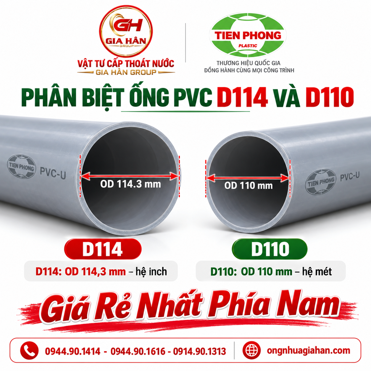 Minh họa phân biệt kích thước ống PVC D114 và D110