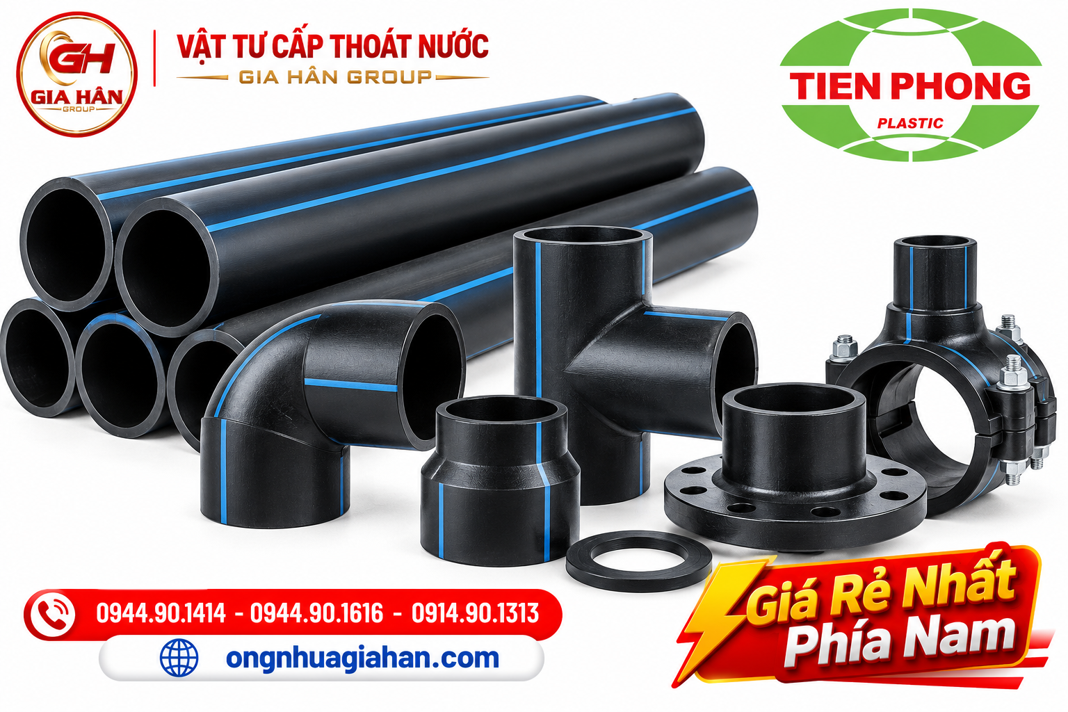 Các loại phụ kiện co tê mặt bích và đai khởi thủy dùng cho ống HDPE D110 Tiền Phong