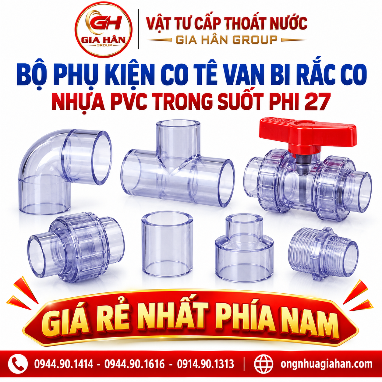 Bộ phụ kiện co tê van bi rắc co nhựa PVC trong suốt phi 27