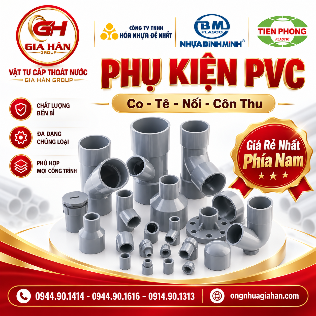 Phụ kiện PVC co tê nối côn thu Tiền Phong Bình Minh Đệ Nhất