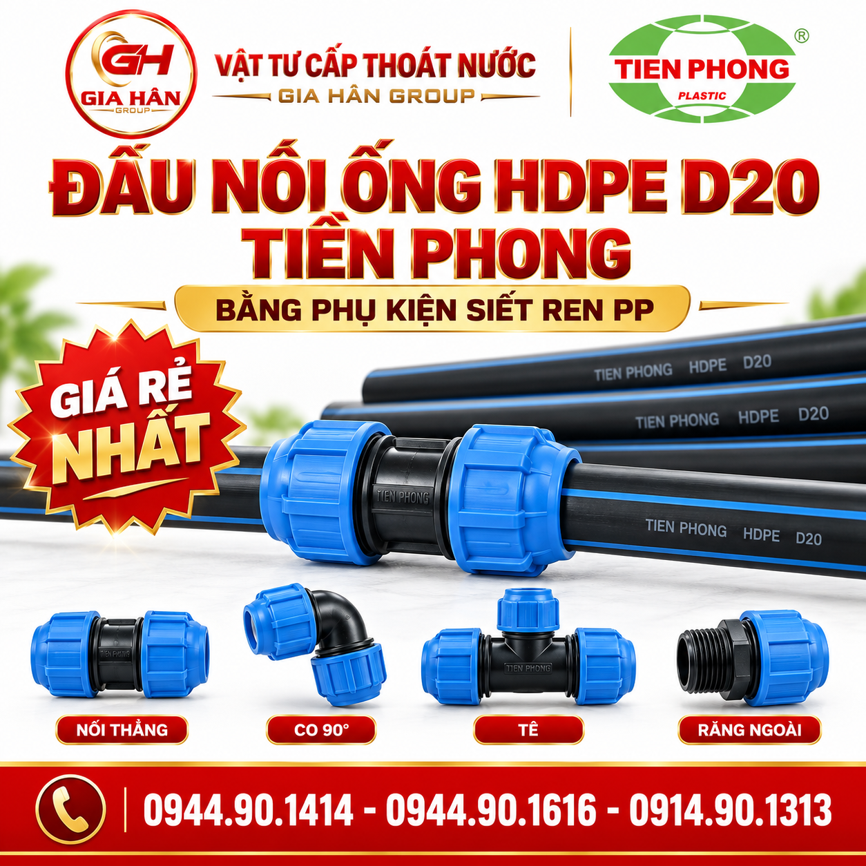 Đấu nối ống HDPE D20 Tiền Phong bằng phụ kiện siết ren PP