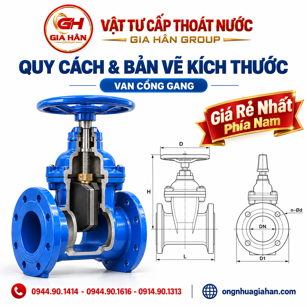 Quy cách & Bản vẽ kích thước van cổng gang DN200