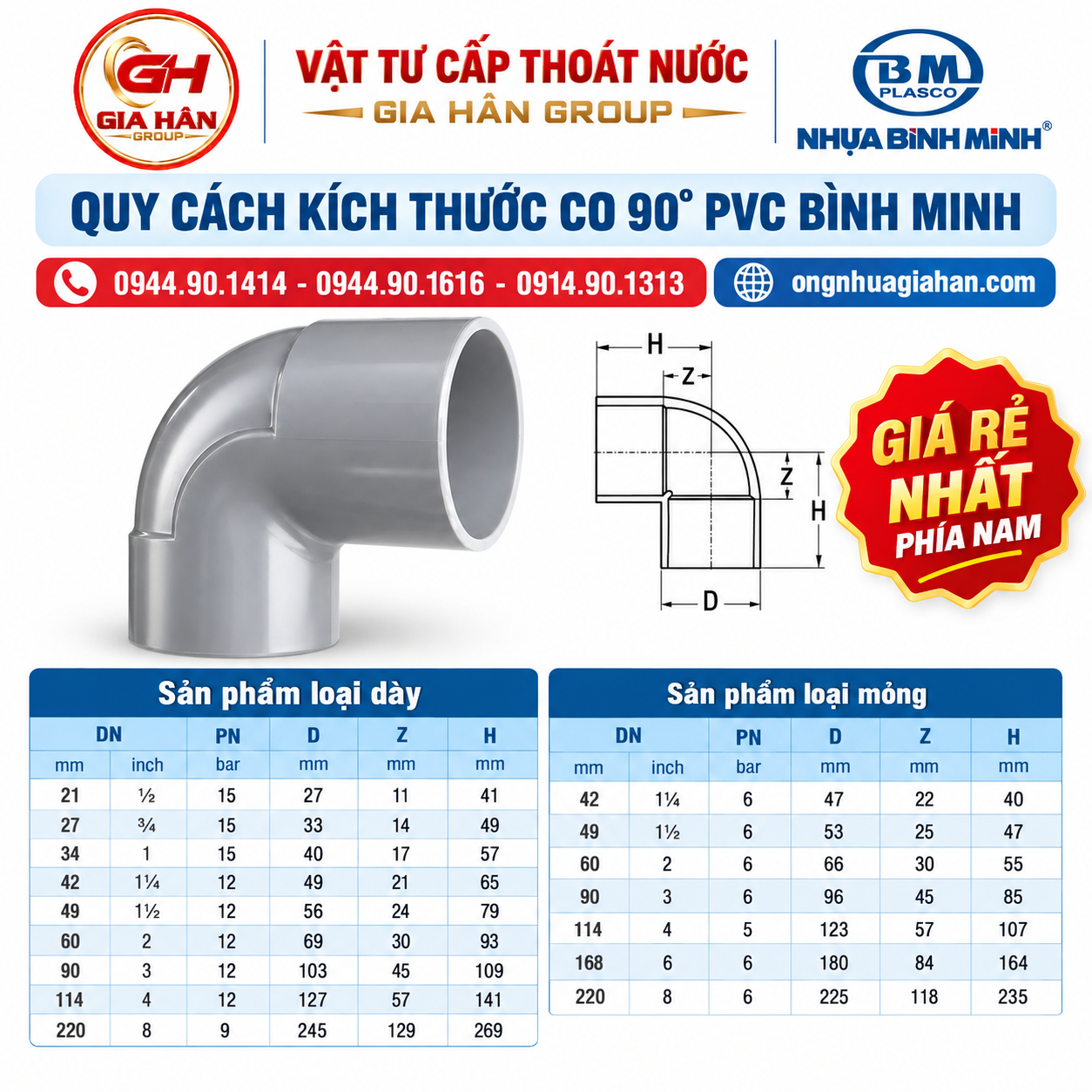 Bản vẽ mặt cắt và thông số kỹ thuật co 90 độ PVC Bình Minh