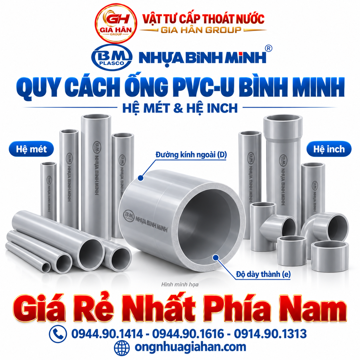 Bảng quy cách kích thước và độ dày ống nhựa PVC-U Bình Minh hệ mét và hệ inch