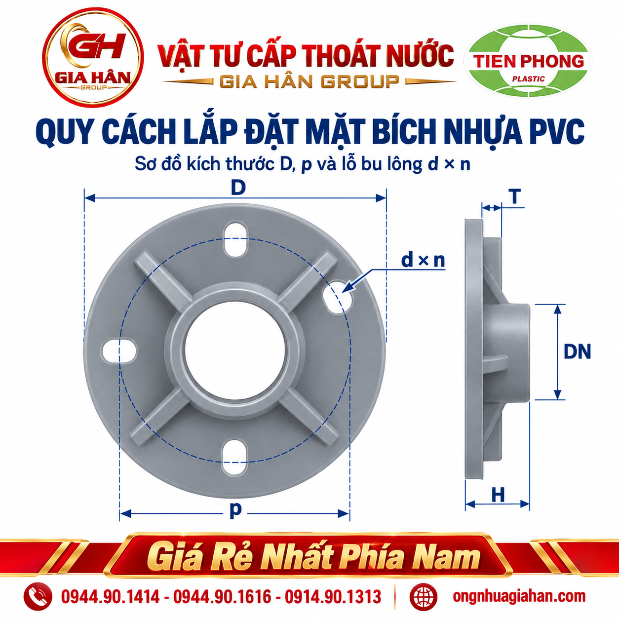 Sơ đồ quy cách kích thước và khoảng cách tâm lỗ bu lông mặt bích nhựa PVC
