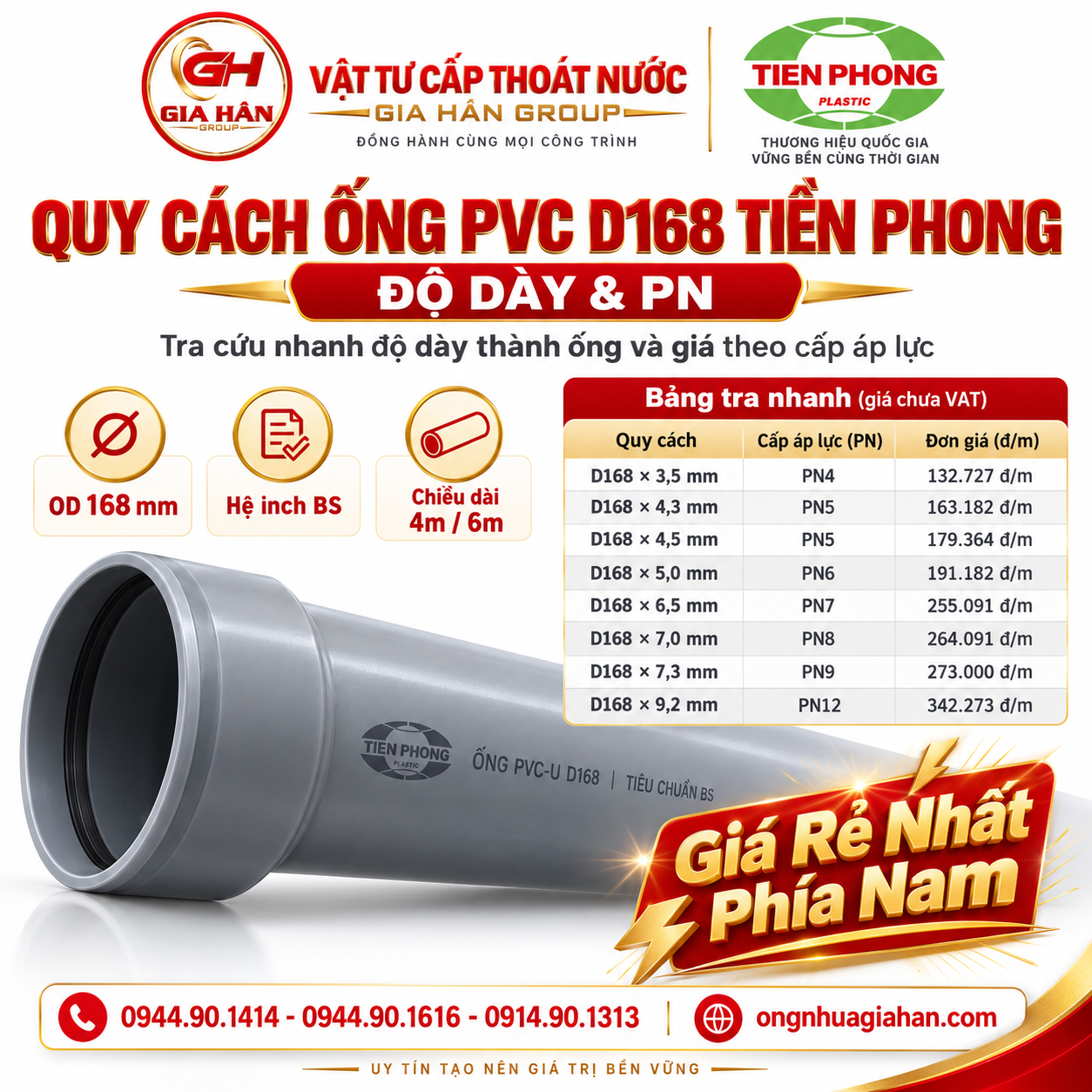 Quy cách độ dày và PN ống PVC D168 Tiền Phong