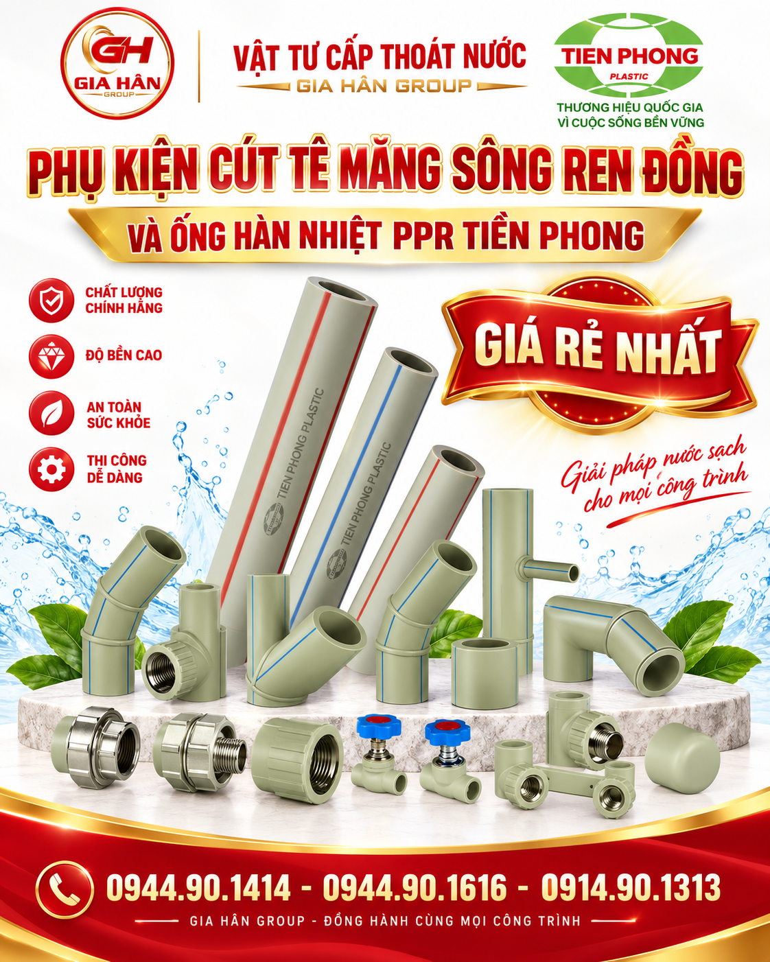 Phụ kiện cút tê măng sông ren đồng và ống hàn nhiệt PPR Tiền Phong