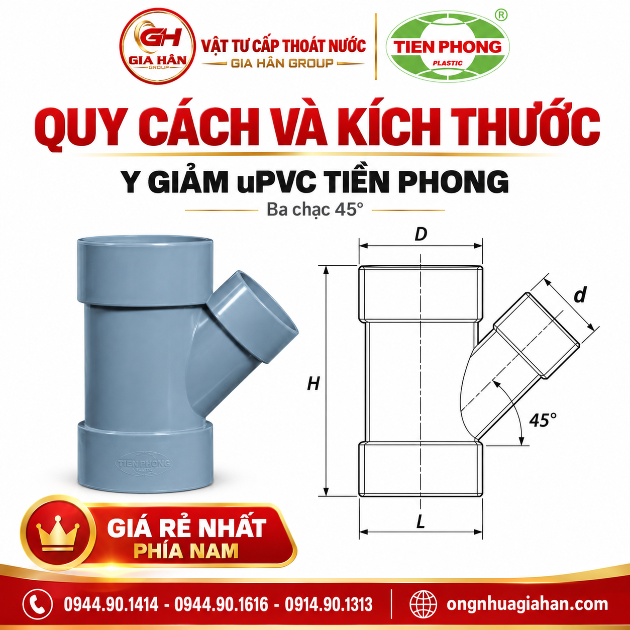 Quy cách kích thước bản vẽ Y giảm pvc tiền phong