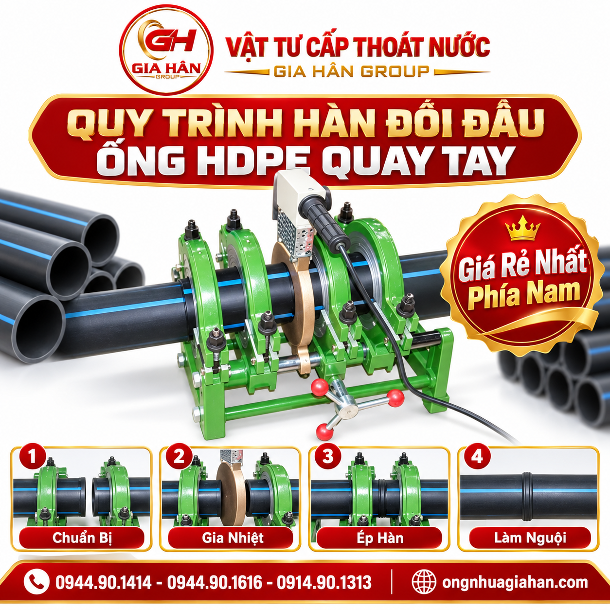 Thợ thi công vận hành máy hàn HDPE D160 quay tay trên rãnh đào công trình