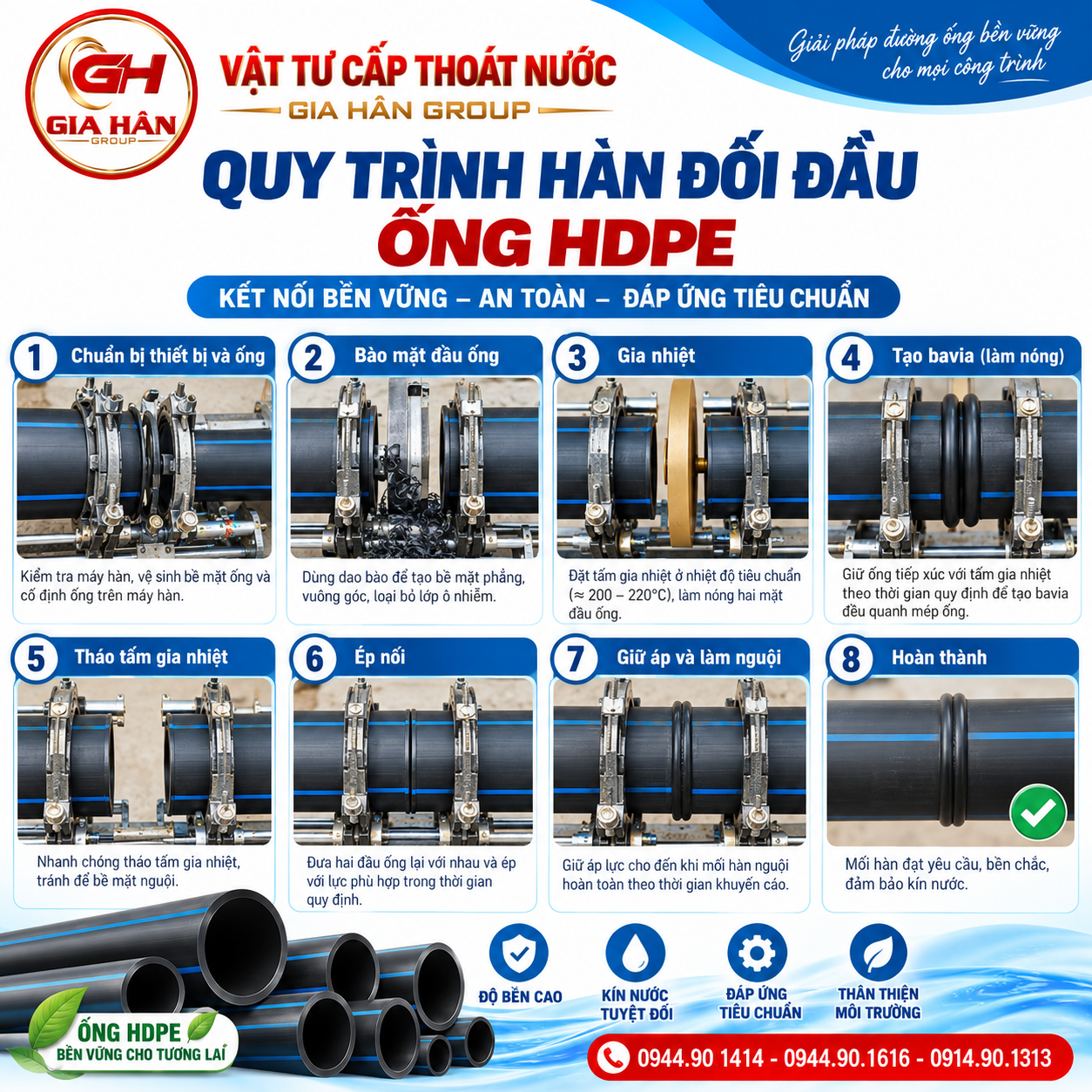Quy trình hàn đối đầu ống HDPE bằng máy hàn thủy lực