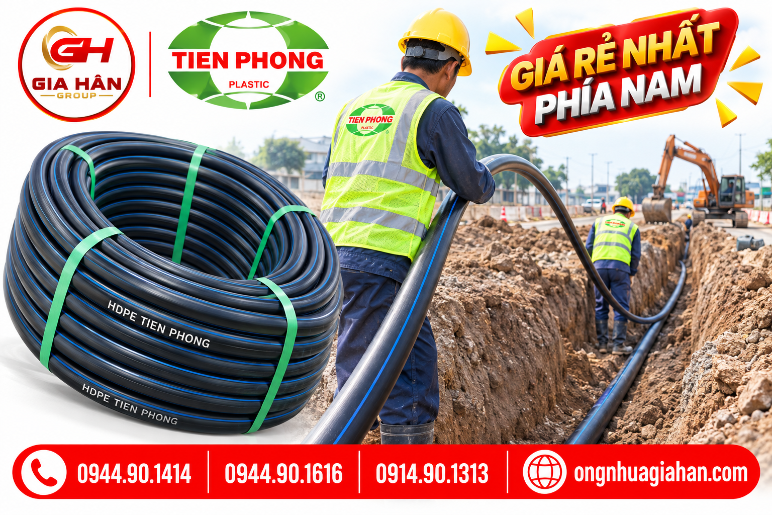 Rải cuộn ống HDPE D63 Tiền Phong thi công hạ hào thực tế tại công trình hạ tầng cấp nước.