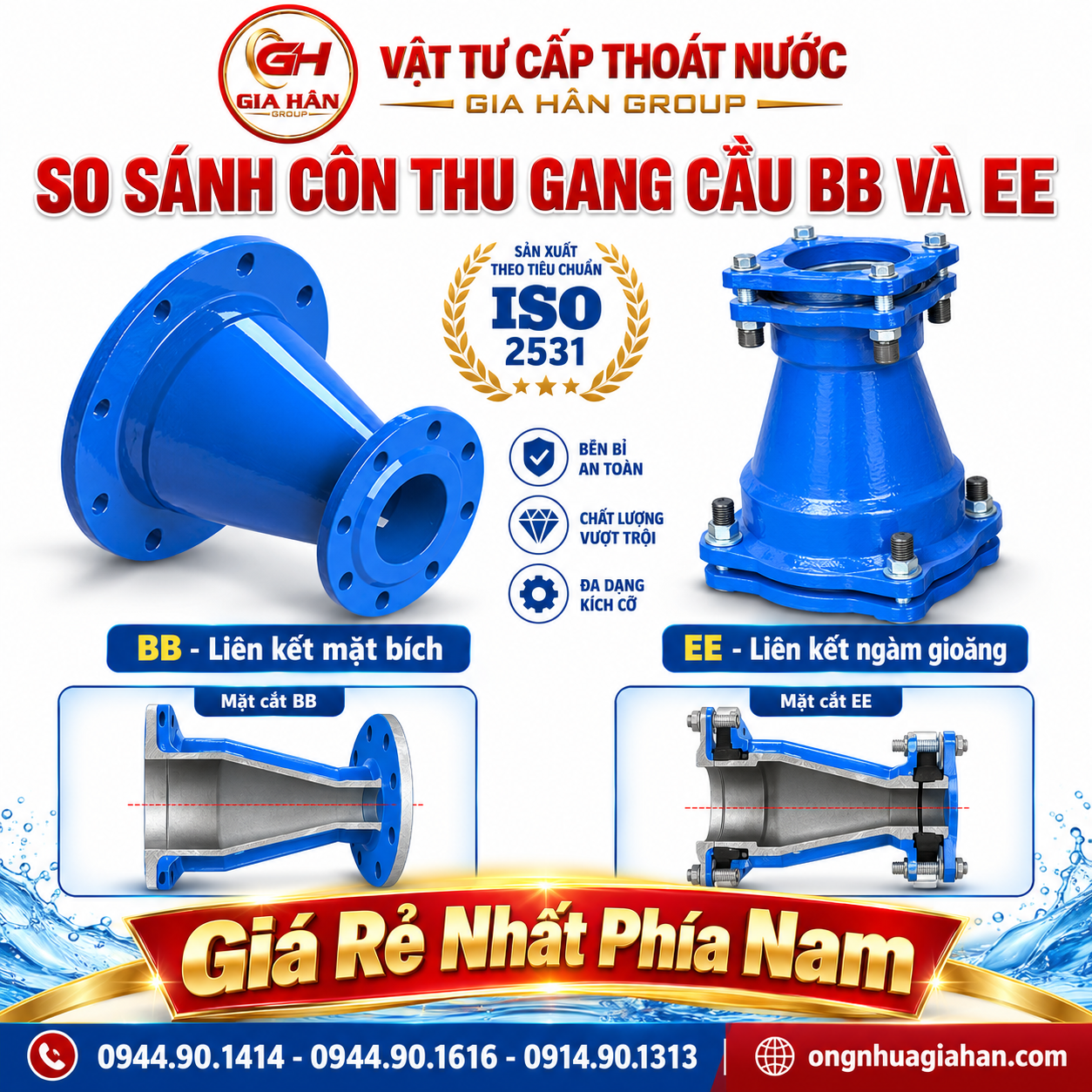 Côn thu gang cầu BB hai đầu bích và côn thu gang EE ngàm gioăng cao su
