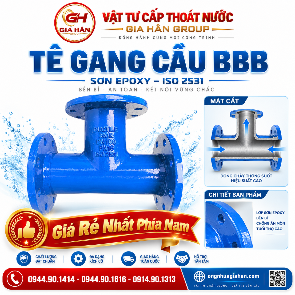 Tê gang cầu BBB đúc nguyên khối sơn Epoxy xanh 3 đầu mặt bích