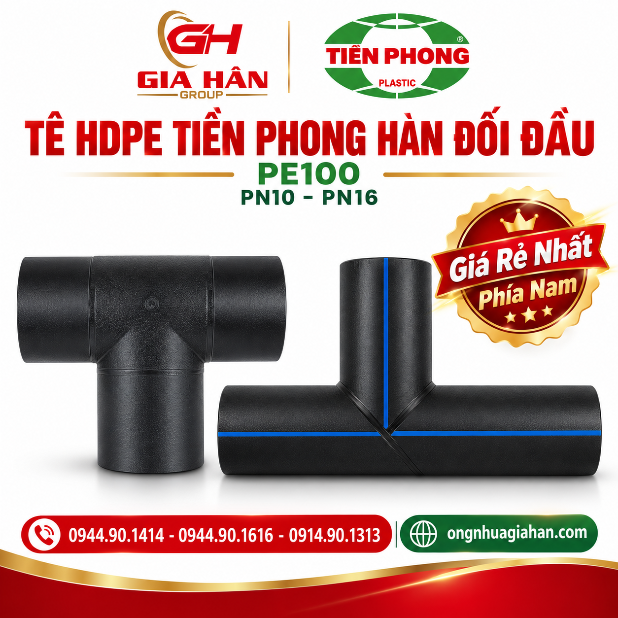 Tê HDPE Tiền Phong hàn đối đầu đúc nguyên khối PE100 cho đường ống cấp nước
