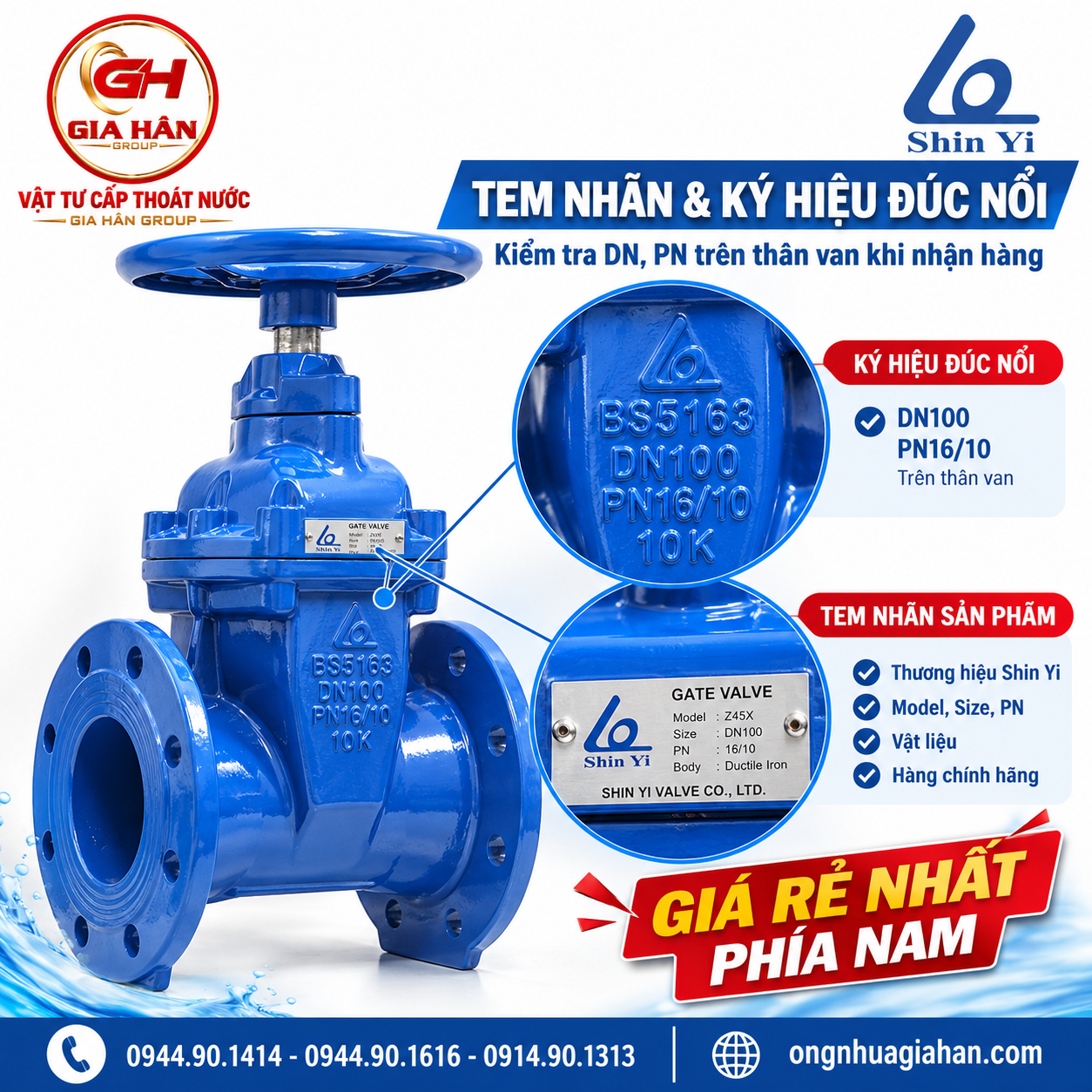 Tem nhãn và ký hiệu DN PN đúc nổi trên thân van cổng ty chìm Shin Yi