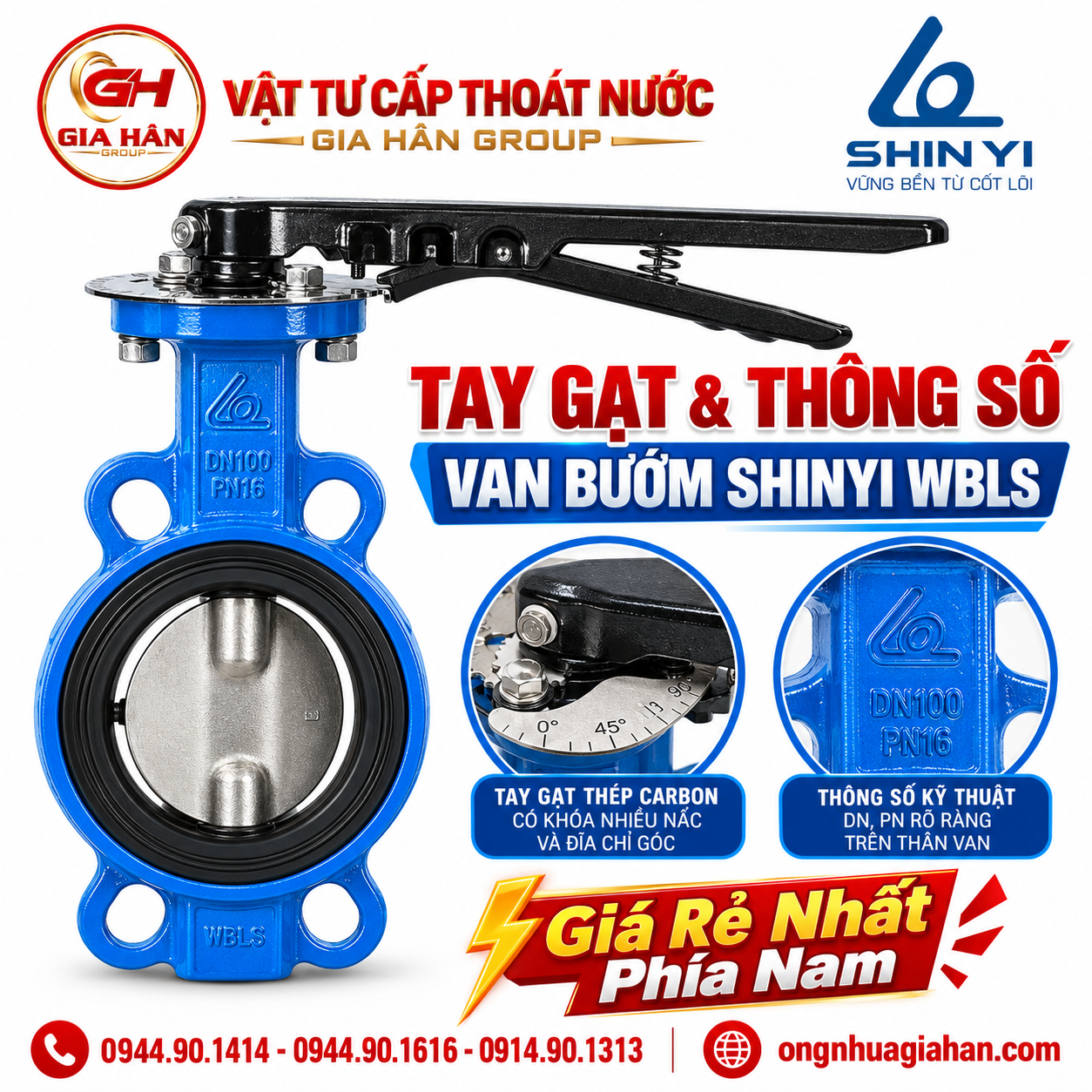 Cận cảnh tay gạt thép cacbon kèm đĩa chia độ và tem thông số kỹ thuật trên cổ van bướm Shinyi WBLS