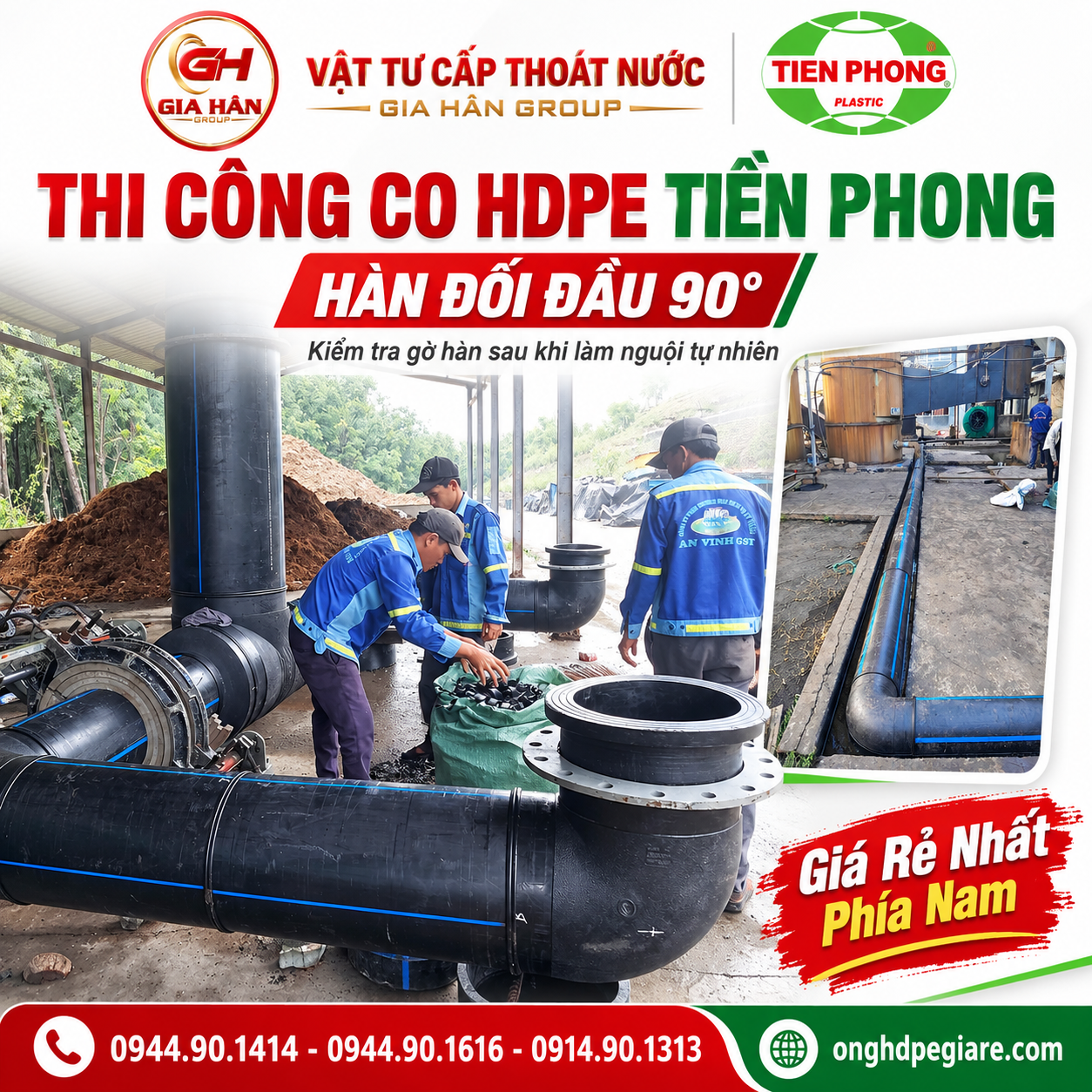 Thi công hàn nhiệt đối đầu co 90 độ HDPE Tiền Phong tại công trường