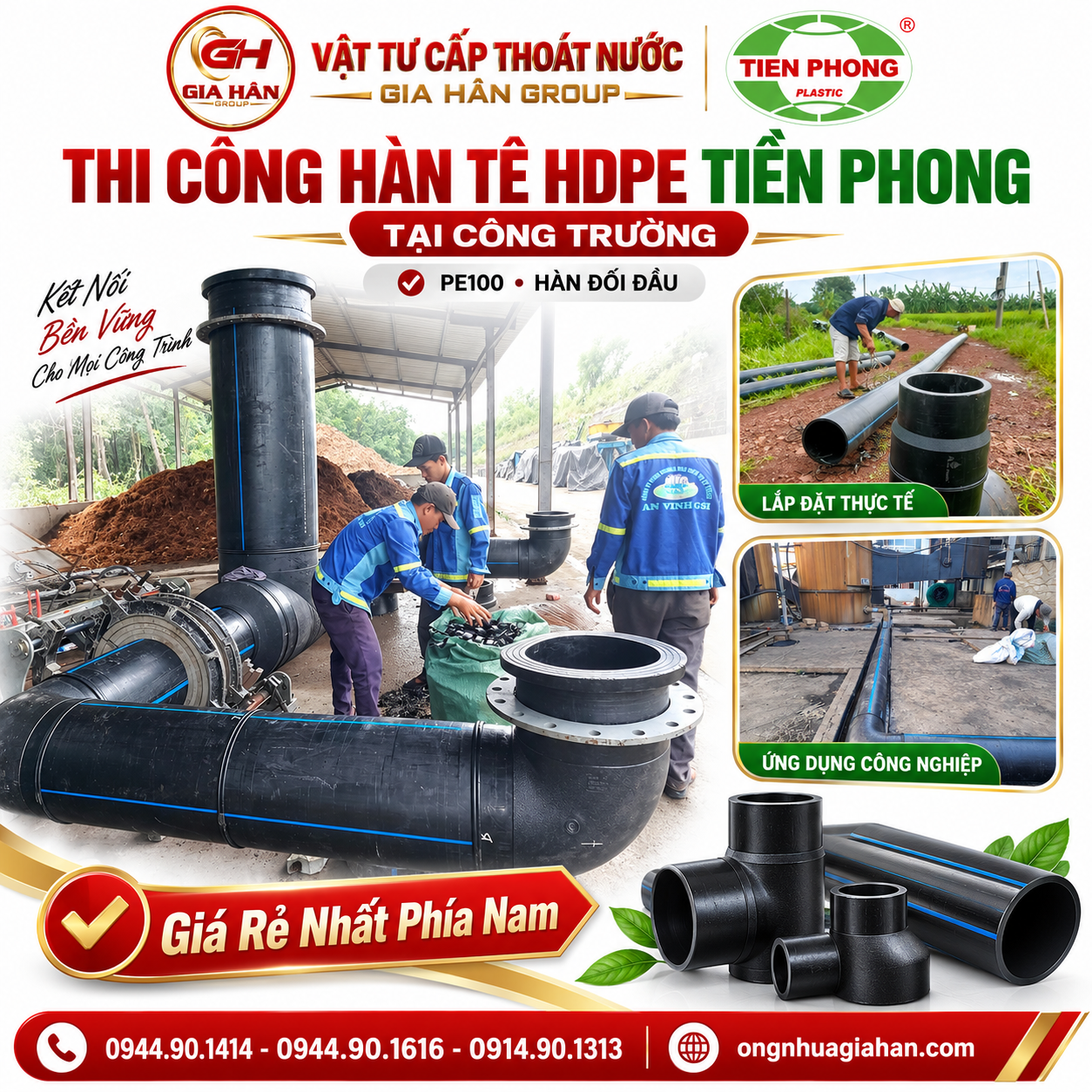 Thi công hàn đối đầu phụ kiện tê HDPE Tiền Phong bằng máy hàn thủy lực tại công trường