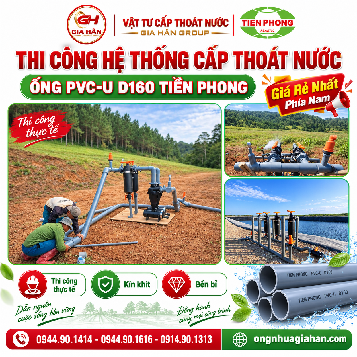 Thi công hệ thống cấp thoát nước bằng ống nhựa PVC-U D160 Tiền Phong tại công trình.