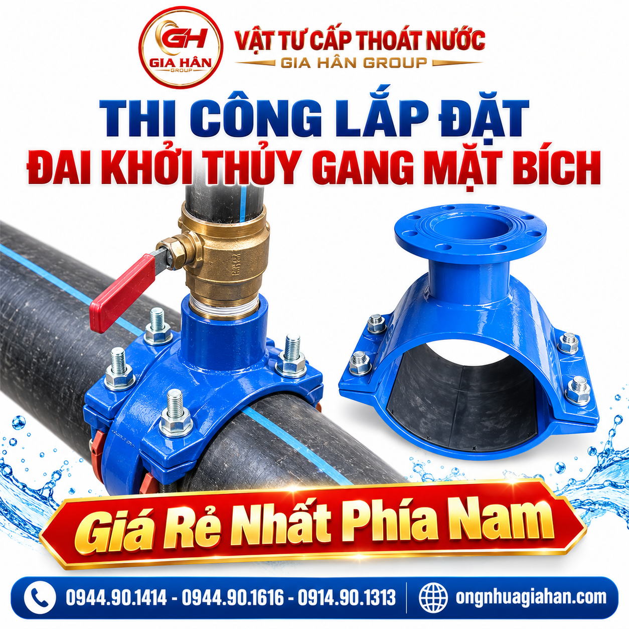Thi công lắp đặt đai khởi thủy gang mặt bích trên đường ống cấp nước