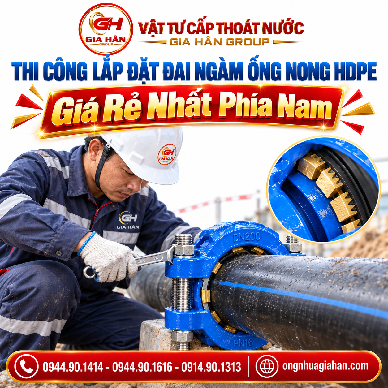 Kỹ sư đang lắp đặt siết bu-lông đai ngàm ống nong gang nối tuyến ống HDPE tại công trường