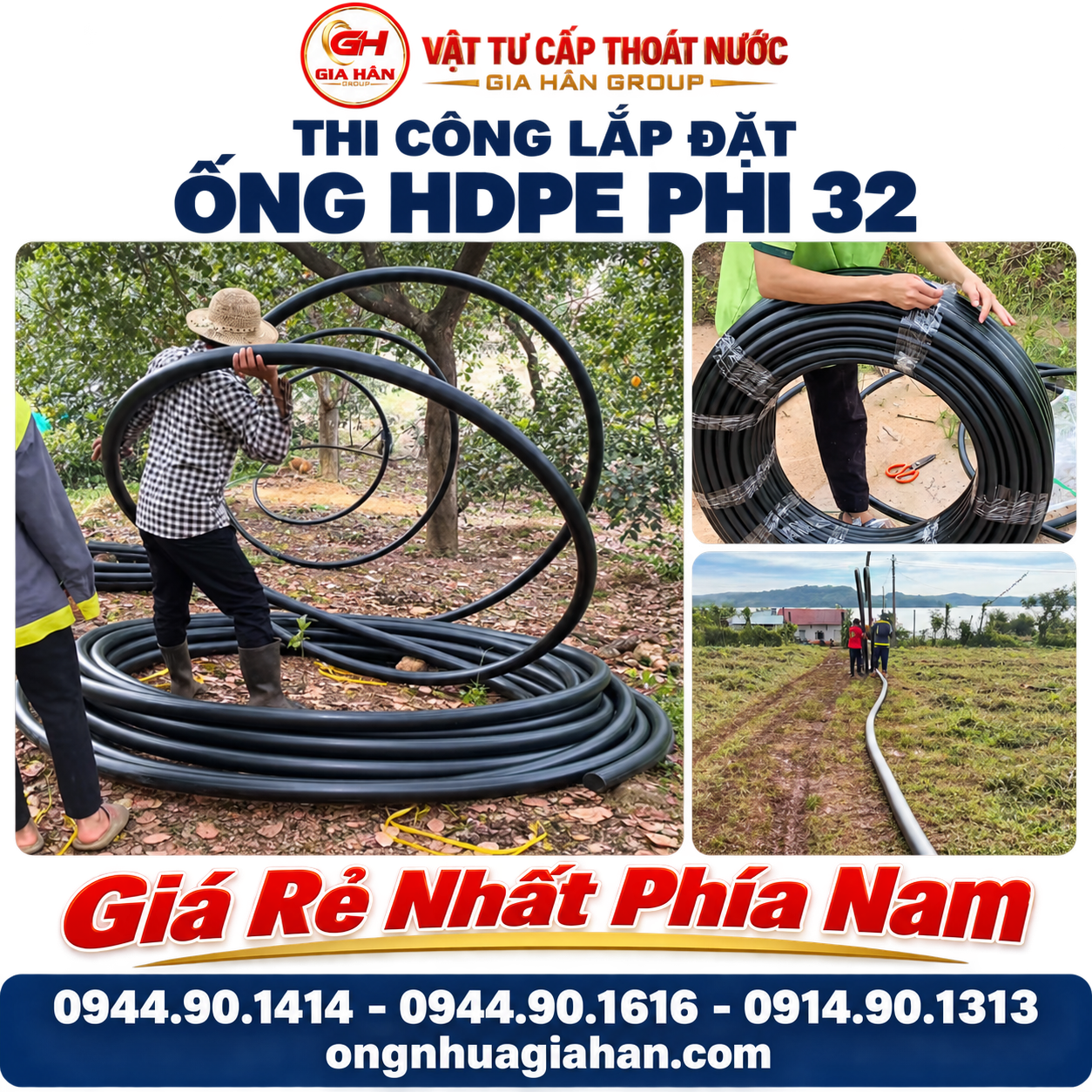 Thi công lắp đặt ống đen cuộn HDPE D32 Tiền Phong đi ngầm bằng phụ kiện rắc co siết răng