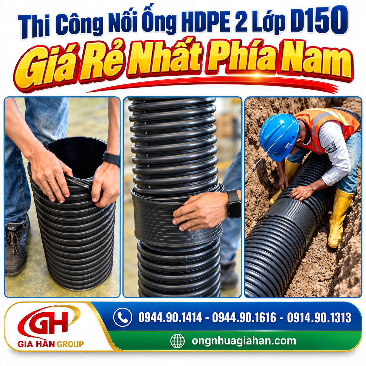 Kỹ thuật lắp đặt măng sông và gioăng cao su nối ống HDPE 2 lớp D150 tại công trình