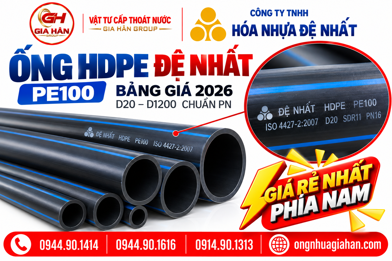 Dòng thông tin thương hiệu và quy cách trên thân ống HDPE Đệ Nhất