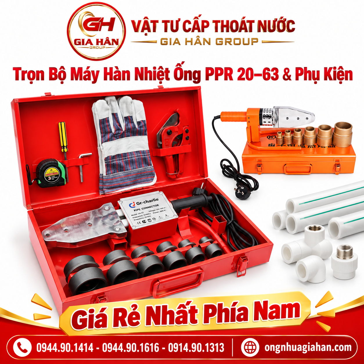 Trọn bộ máy hàn nhiệt ống PPR 20-63 công suất 1500W gồm thân máy, chân đế, kéo cắt và 6 cặp cối hàn.