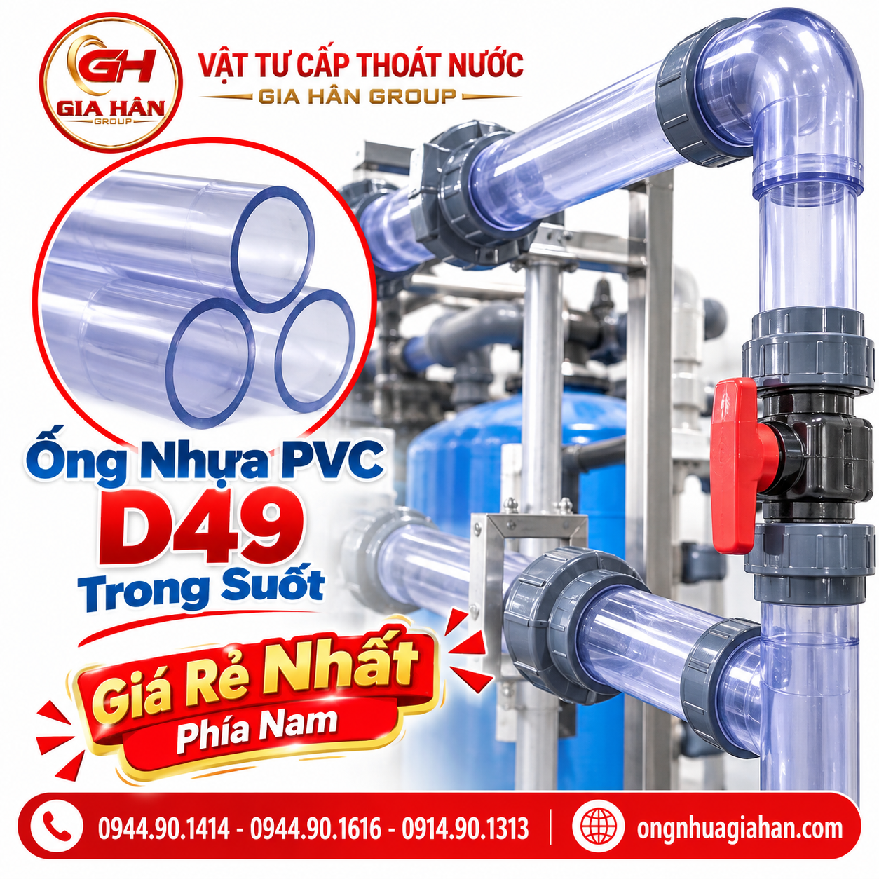 Thi công thực tế ống PVC D49 trong suốt kết nối rắc co trên hệ thống xử lý nước sạch