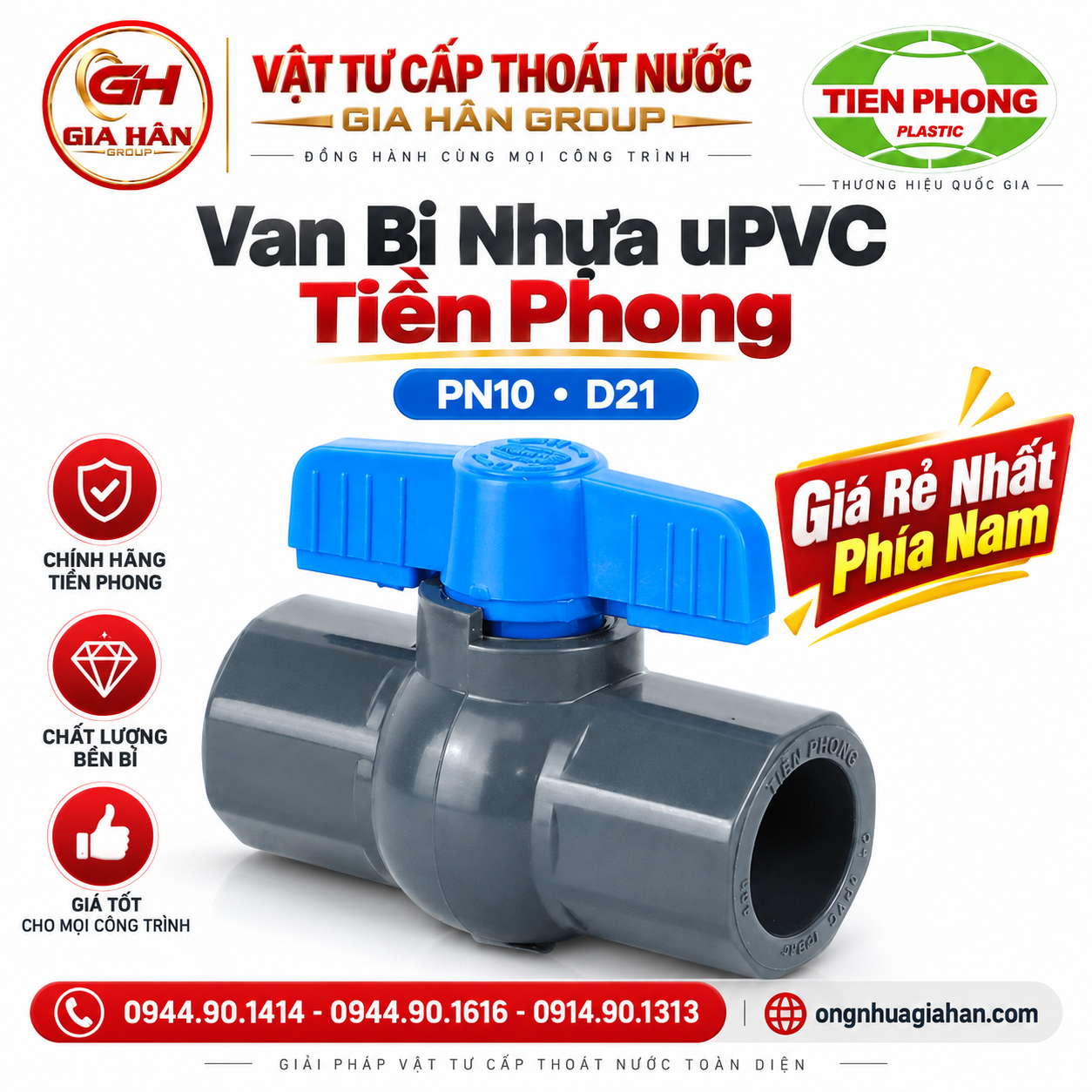 Van bi nhựa uPVC Tiền Phong cấp áp lực PN10 kết nối dán keo tay bướm xanh