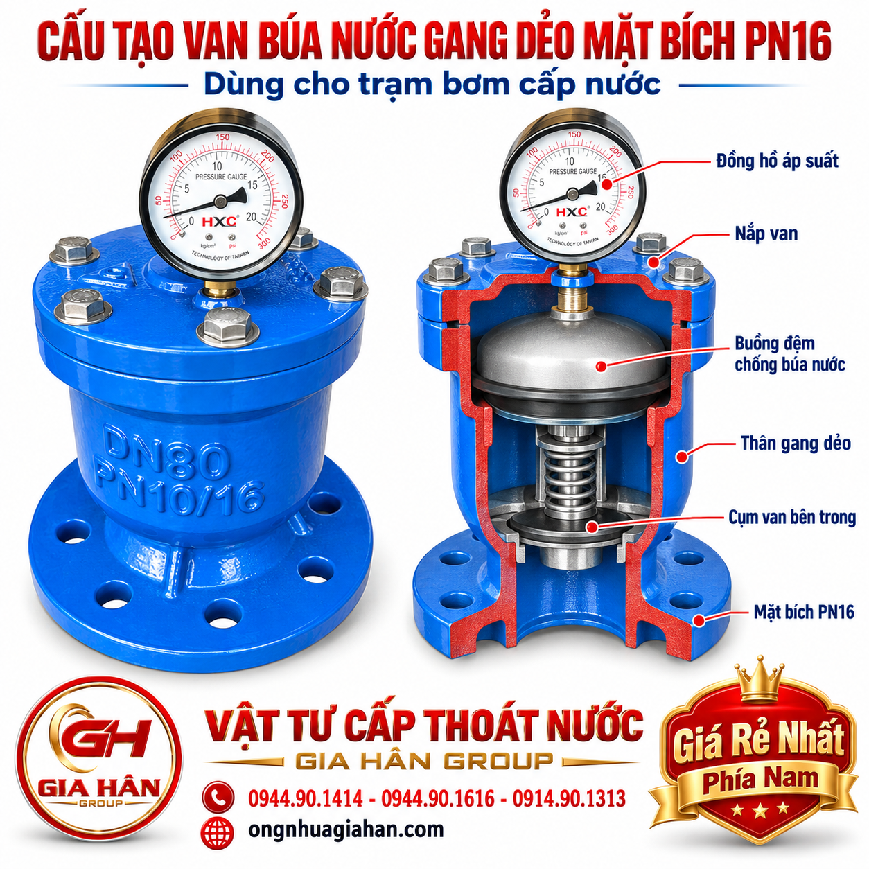 Cấu tạo van búa nước gang dẻo mặt bích PN16 dùng cho trạm bơm