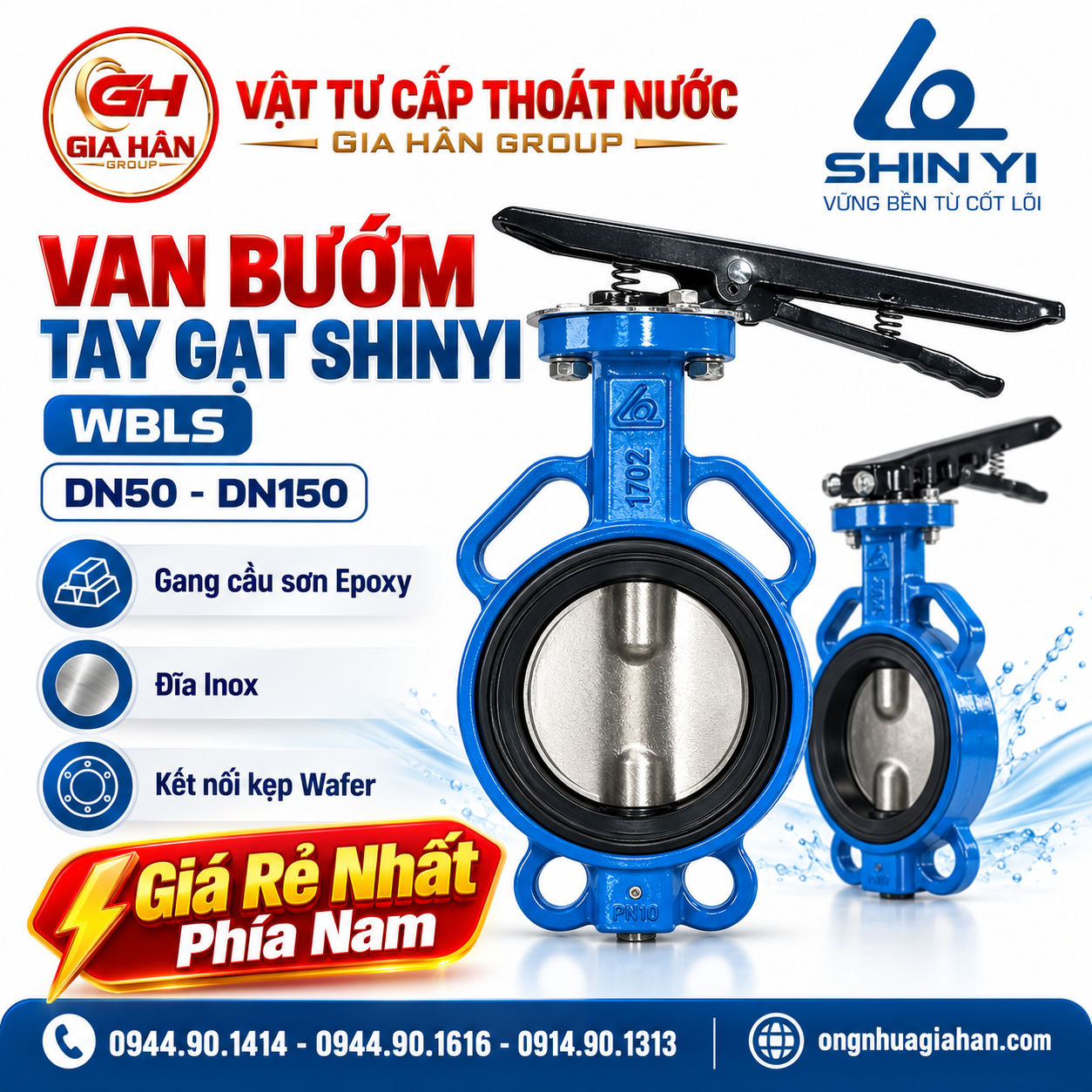 Van bướm tay gạt Shinyi mã WBLS thân gang cầu sơn Epoxy đĩa Inox kết nối kẹp Wafer
