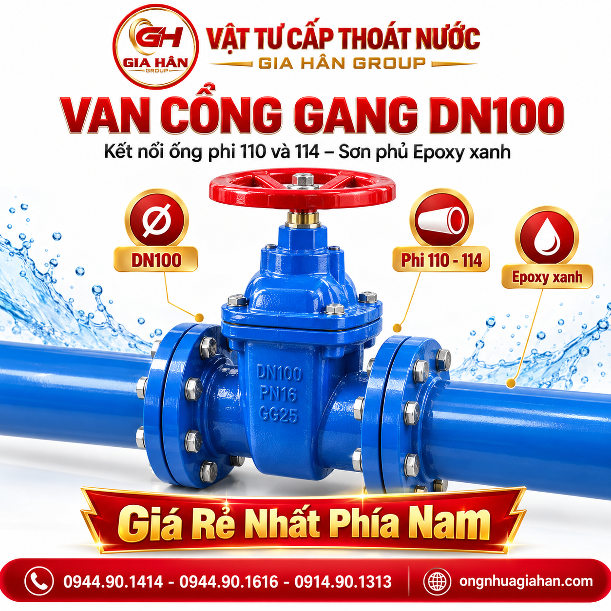 Van cổng gang DN100 kết nối ống phi 110 và 114 sơn phủ Epoxy xanh