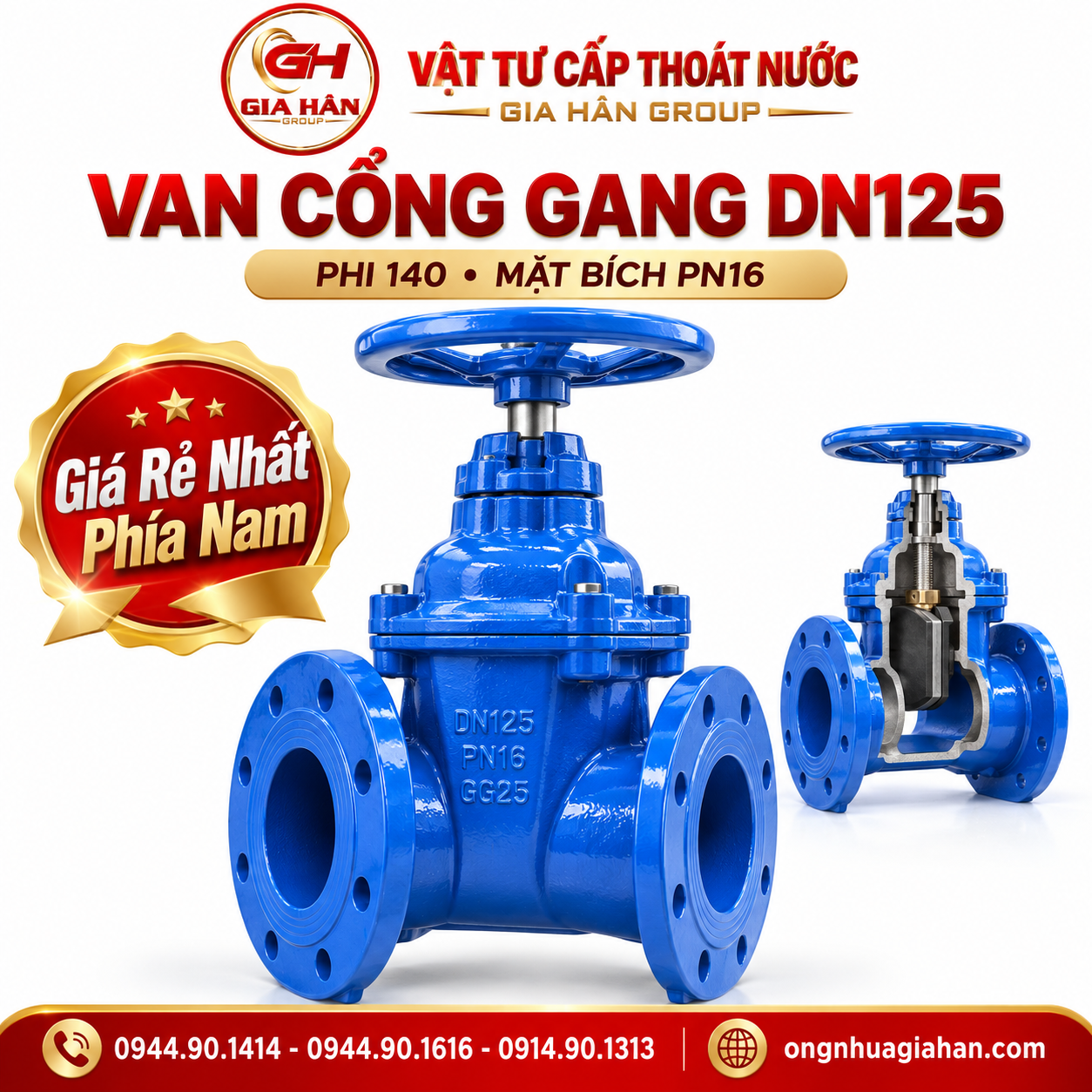 Van cổng gang DN125 mặt bích thân gang cầu GGG50 đĩa bọc cao su EPDM lắp ống phi 140