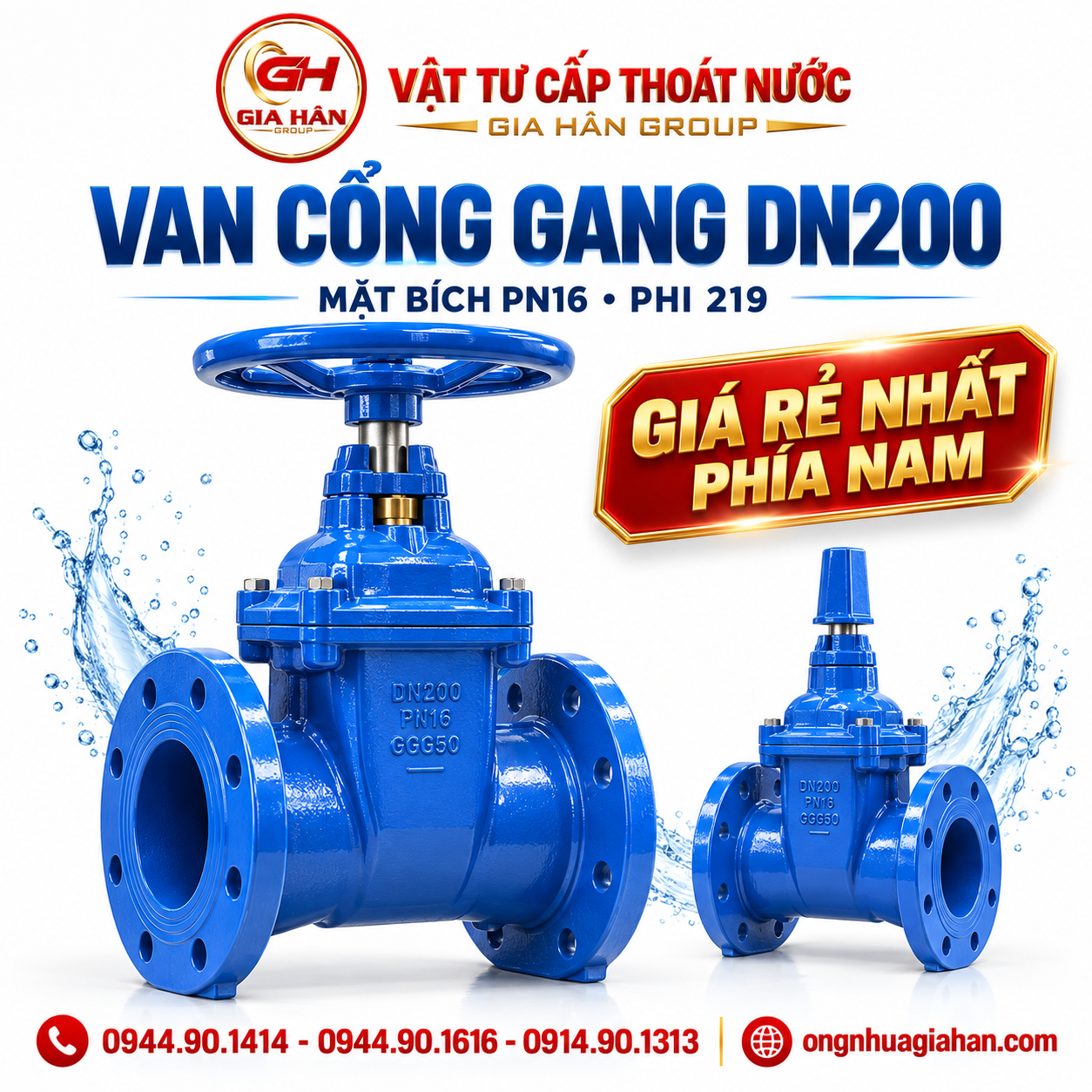 Van cổng gang DN200 ty chìm mặt bích tiêu chuẩn BS PN16 sơn phủ Epoxy dùng cho ống phi 219