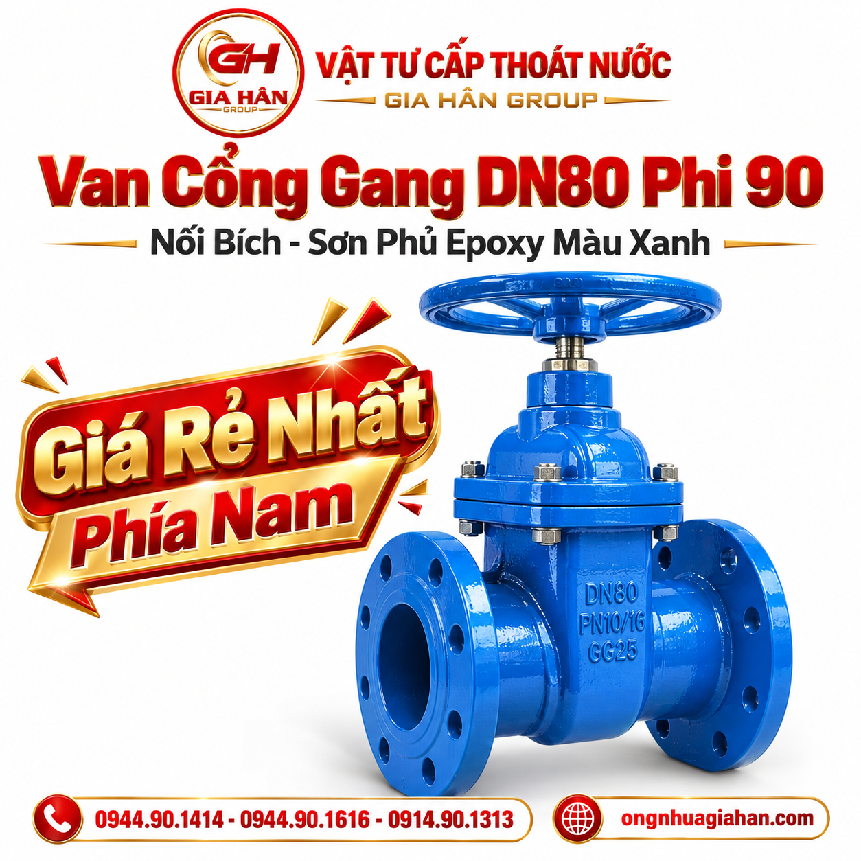 Van cổng gang DN80 phi 90 kết nối mặt bích sơn phủ epoxy màu xanh