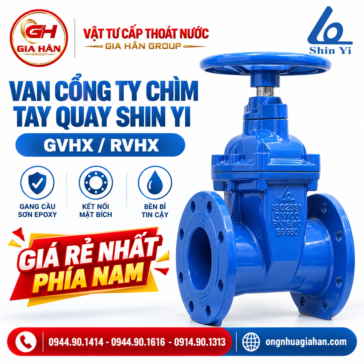 Van cổng ty chìm tay quay Shin Yi thân gang cầu sơn Epoxy xanh kết nối hai mặt bích