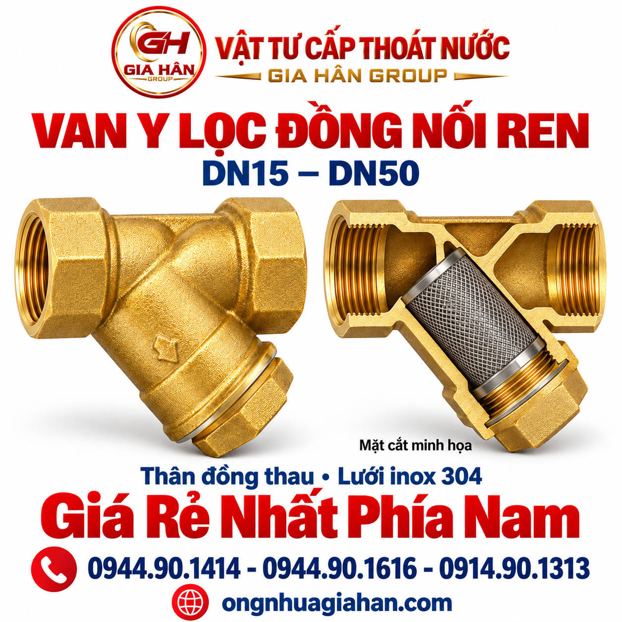 Van Y lọc đồng nối ren kích thước DN15 đến DN50 thân đồng thau lưới inox 304